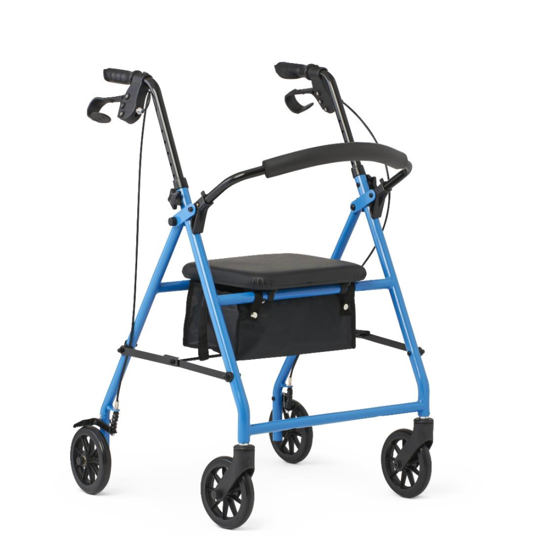The Medline Basic Lightweight Steel Folding Rollator is a compact blue device with four wheels, a black seat with storage underneath, ergonomic handles with black grips, and brakes for enhanced safety.